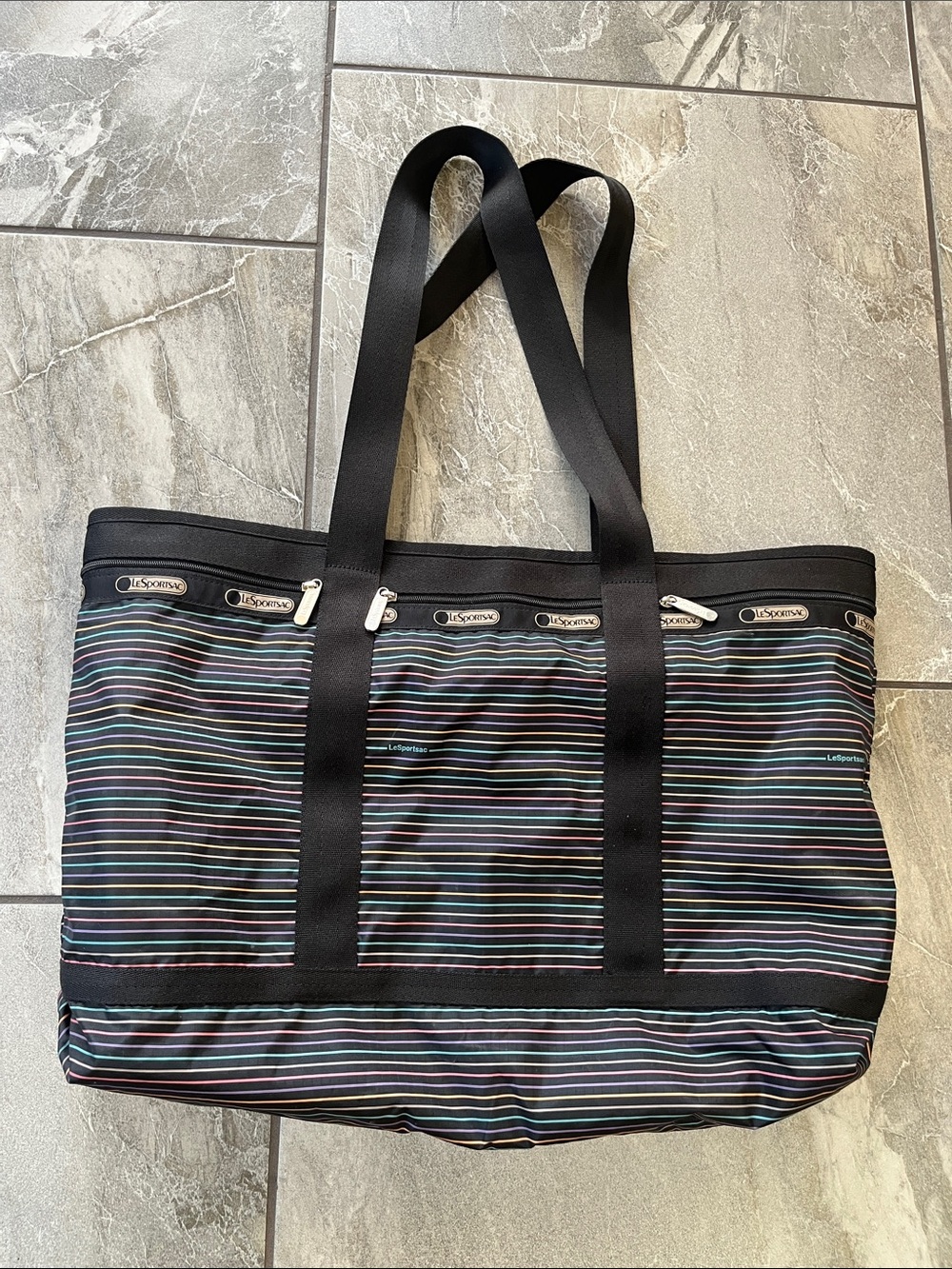 🖤 LeSportsac Travel Tote Large Black Striped Colorful
